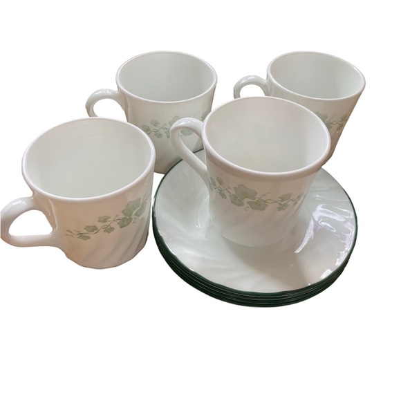 Set of 4 Corningware Callaway (Corelle) Green Ivy Pattern Cups with Saucers - Picture 3 of 6
